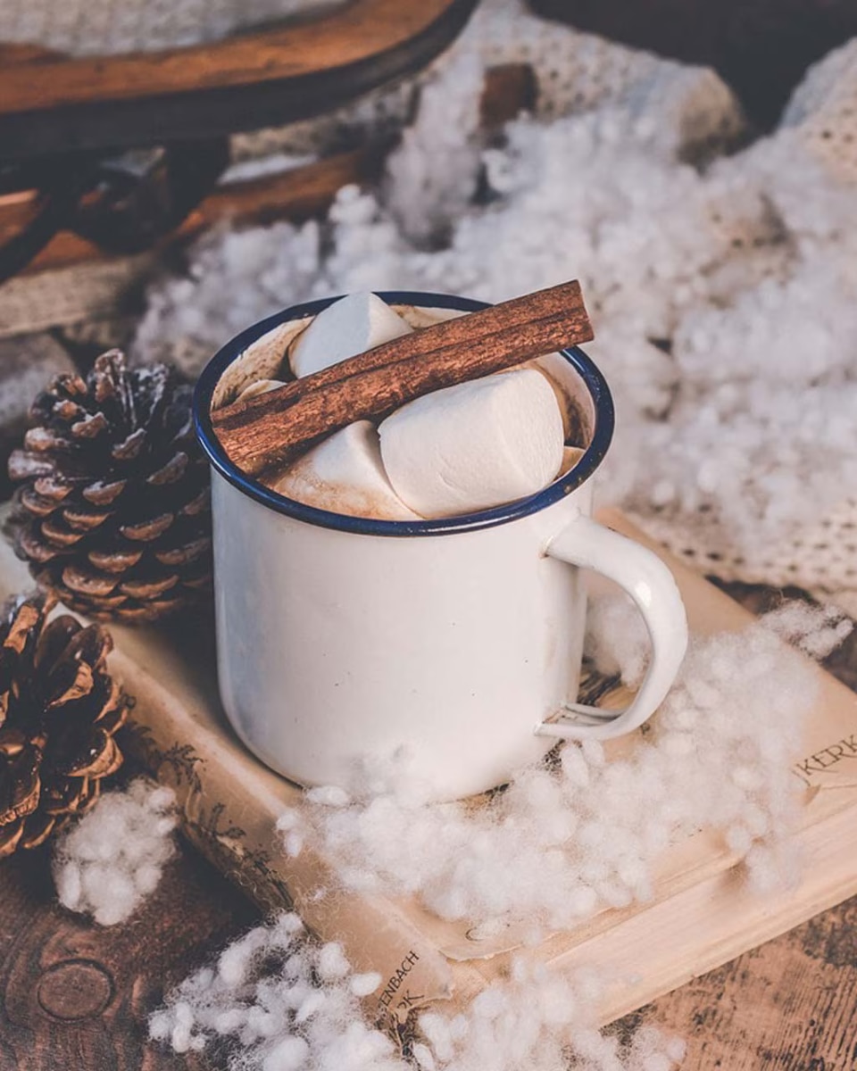 Mug filled with marshmallows and a stick of cinnamon, positioned on a stack of books in a cosy setting