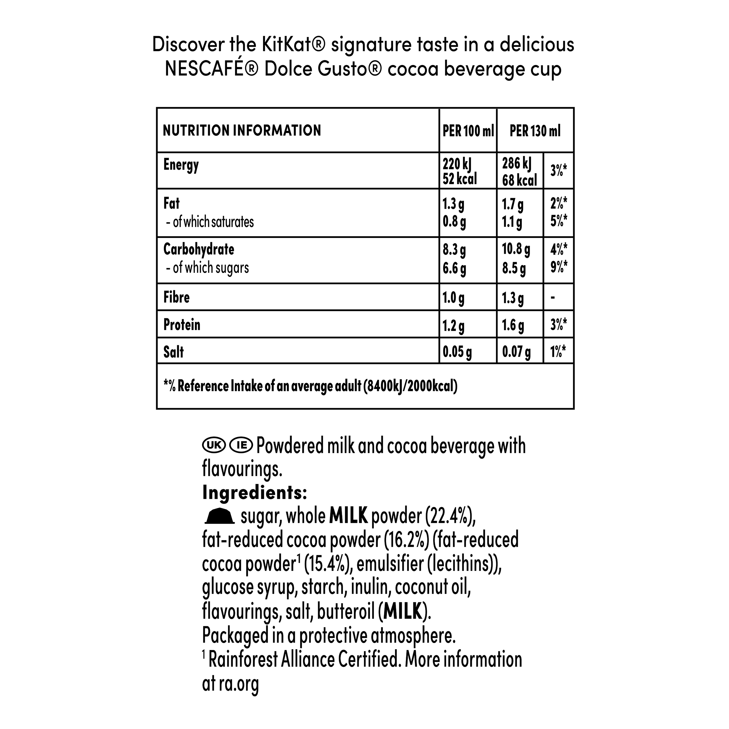 Ingredients list for Dolce Gusto KitKat beverage pods.