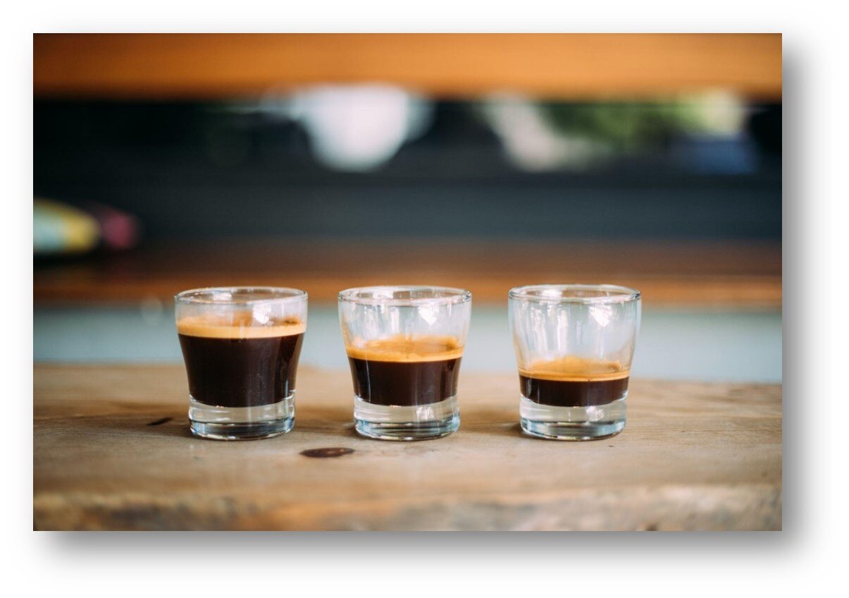 The three forms of espresso in order of volume. Lungo, espresso and ristretto.